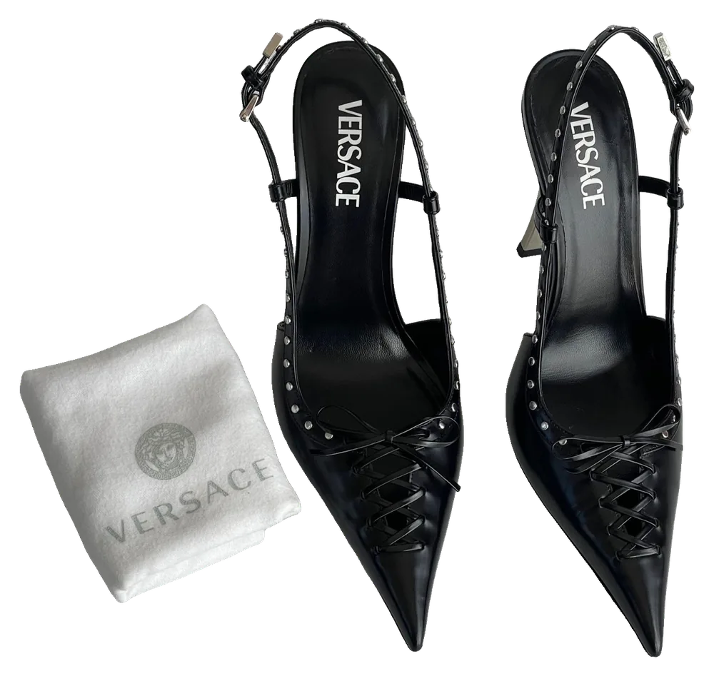 Versace Slingback Heels, Black (size 40.5), pre-owned designer shoes, Very good