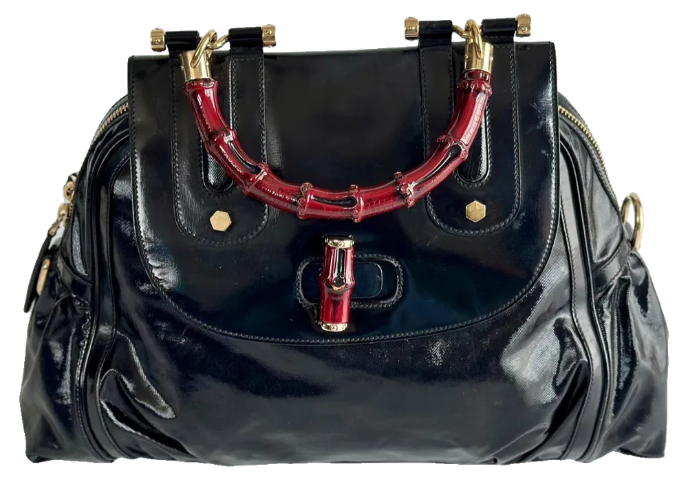 Gucci Bamboo Patent Bag, Black, pre-owned designer handbag, Good