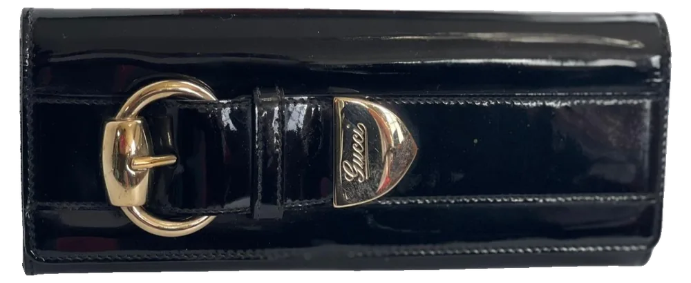 Gucci Patent Leather Clutch, Black, pre-owned designer handbag, Very good