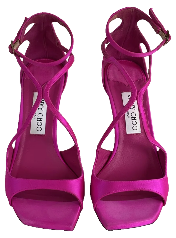 Jimmy Choo Azia 95 Sandals, Fuchsia Satin, pre-owned designer shoes, Very good