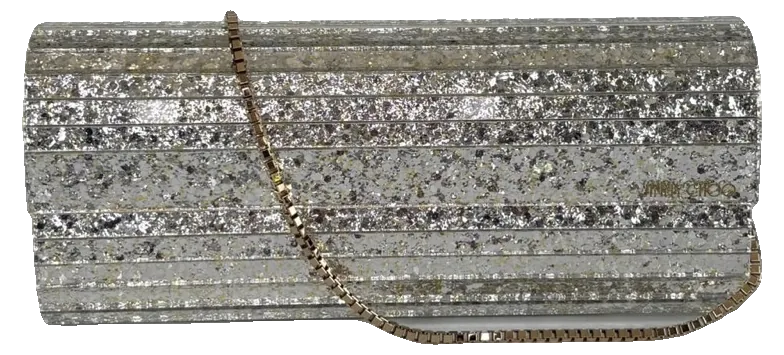 Jimmy Choo Sweetie Clutch, Silver Glitter Acrylic, pre-owned designer handbag, Excellent