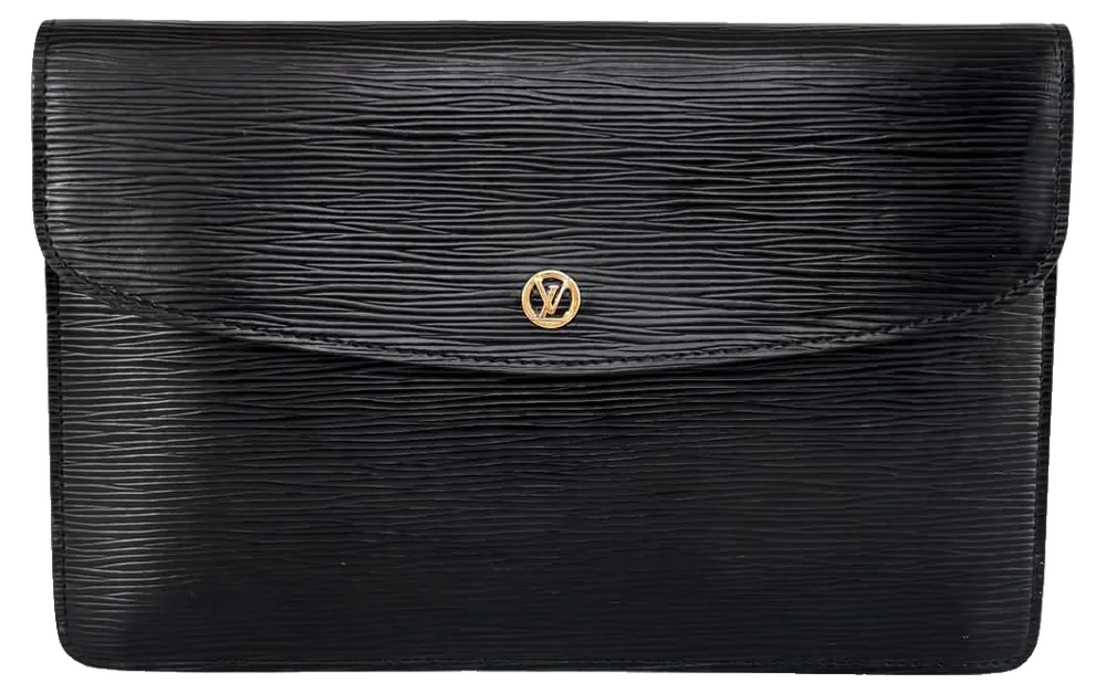 Louis Vuitton Montaigne Clutch, Black Epi (Vintage), pre-owned designer handbag, Very good vintage