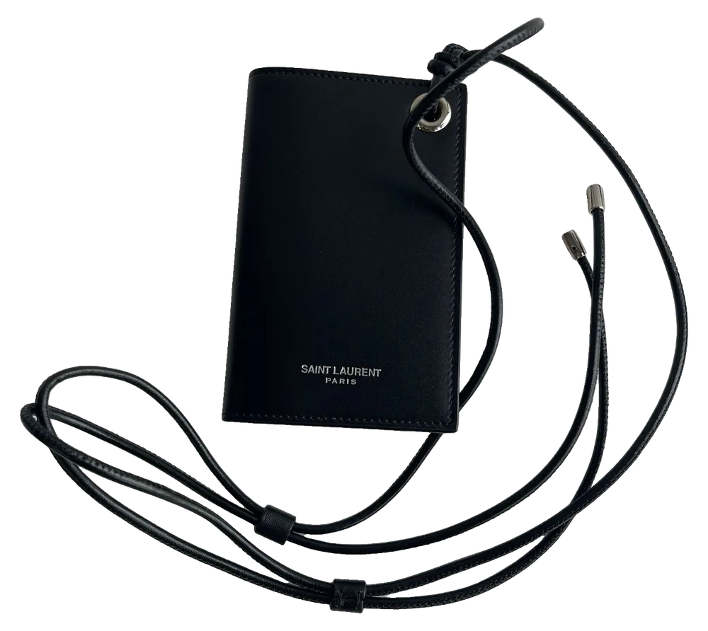 Saint Laurent Lanyard Card Holder, Black Smooth Leather, pre-owned designer accessory, Excellent / Near New