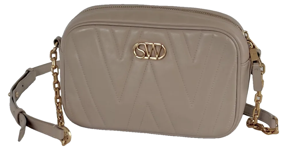 Stuart Weitzman Quilted Camera Bag, Taupe, pre-owned designer handbag, Very good